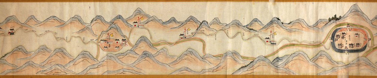 16 000. levereras. Orienterad med norr till höger. Relief visad bildmässigt. Fågelperspektiv. Täcker Wei River i Baoji Xian, Shanxi Sheng till Shu Dao i Shanxi-Sichuan gränsen. Visar bosättningar, rastplatser, stationer, värdshus, tempel, bergspass, walle av Arthur W. Hummel