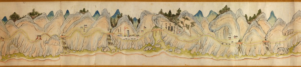 16 000. levereras. Orienterad med norr till höger. Relief visad bildmässigt. Fågelperspektiv. Täcker Wei River i Baoji Xian, Shanxi Sheng till Shu Dao i Shanxi-Sichuan gränsen. Visar bosättningar, rastplatser, stationer, värdshus, tempel, bergspass, walle av Arthur W. Hummel
