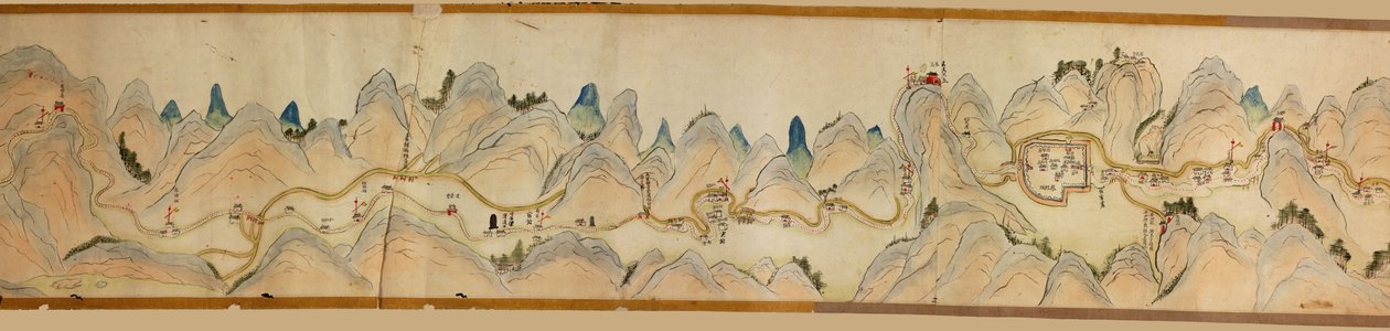 16 000. levereras. Orienterad med norr till höger. Relief visad bildmässigt. Fågelperspektiv. Täcker Wei River i Baoji Xian, Shanxi Sheng till Shu Dao i Shanxi-Sichuan gränsen. Visar bosättningar, rastplatser, stationer, värdshus, tempel, bergspass, walle av Arthur W. Hummel