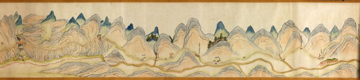 16 000. levereras. Orienterad med norr till höger. Relief visad bildmässigt. Fågelperspektiv. Täcker Wei River i Baoji Xian, Shanxi Sheng till Shu Dao i Shanxi-Sichuan gränsen. Visar bosättningar, rastplatser, stationer, värdshus, tempel, bergspass, walle av Arthur W. Hummel