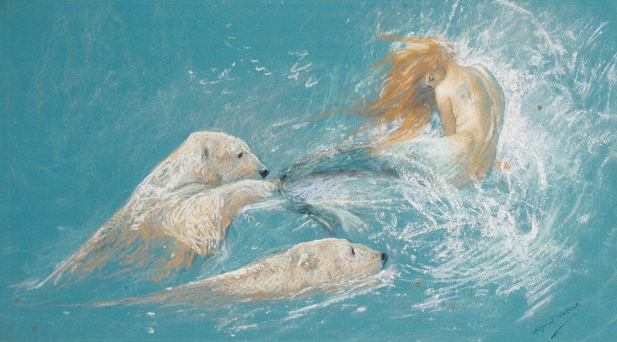 En sjöjungfru och isbjörnar (penna och krita på papper) av Arthur Wardle