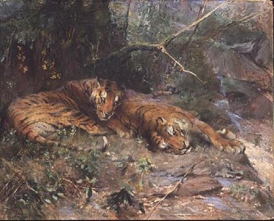 Tigrar vilar vid en bäck av Arthur Wardle