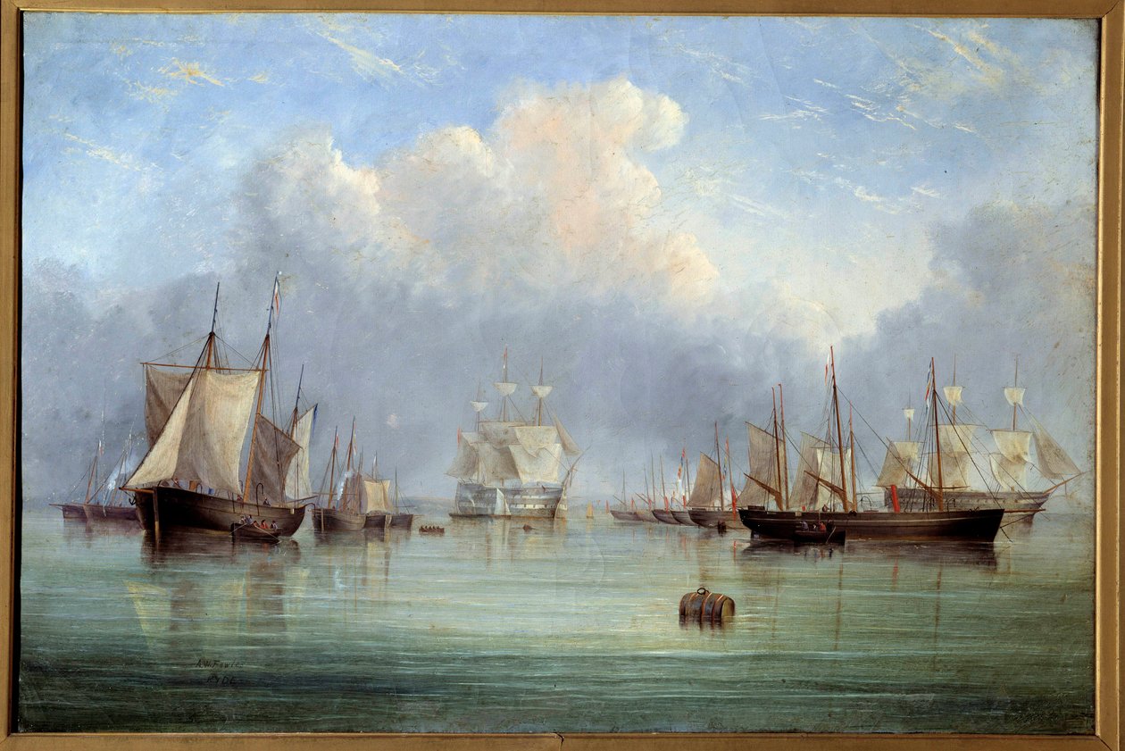 Marinfartyg och segelbåtar förtöjda. Målning av Arthur Wellington Fowles (1815-1883) 1800-talets Orleans Museum of Fine Arts av Arthur Wellington Fowles