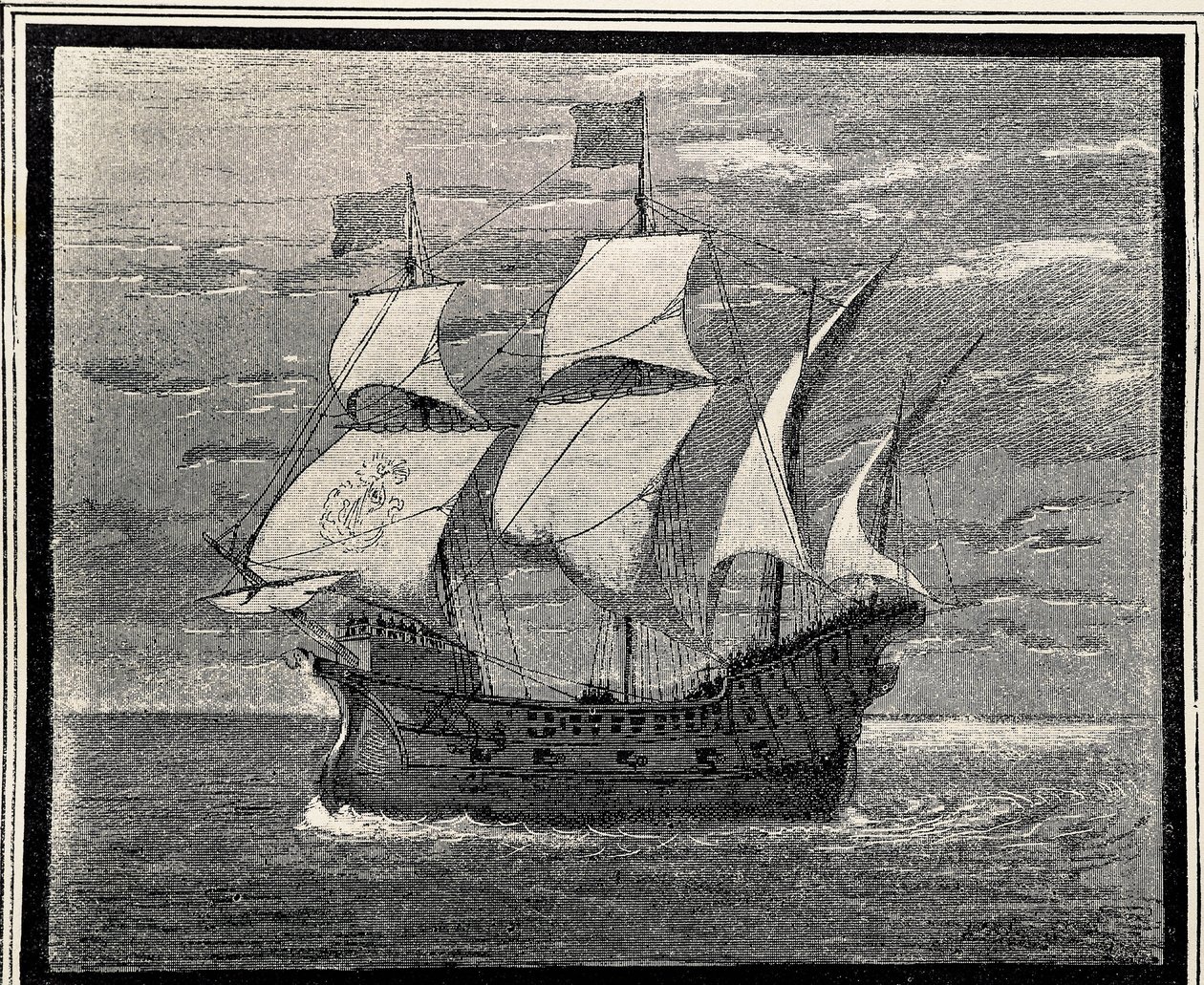 Spansk galeon från 1500-talet. Gravyr. SPANIEN. ARAGON. Zaragoza. Allmänna militärakademin av Artist Unknown