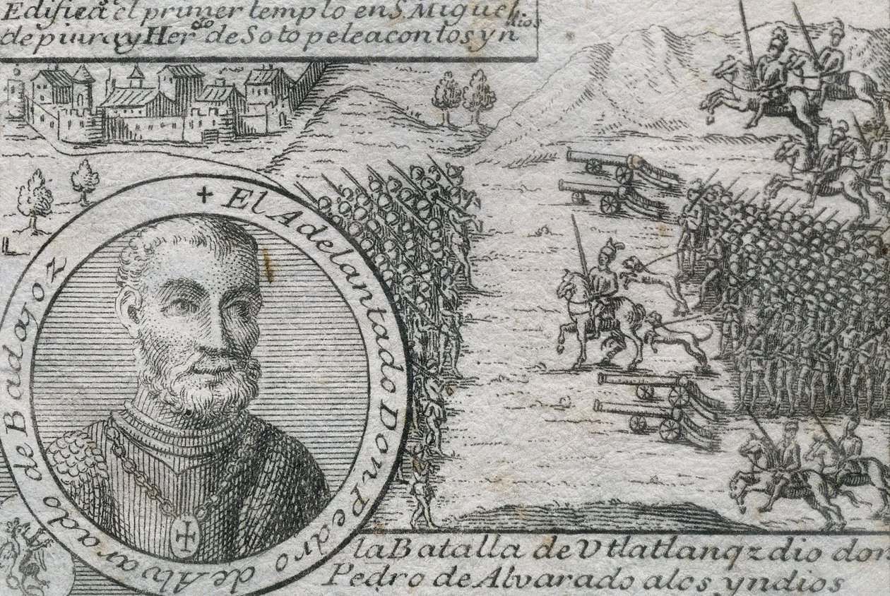 ALVARADO, Pedro de (1485-1541). Spansk conquistador och guvernör i Guatemala. Slaget vid Ulatlanga av Artist Unknown