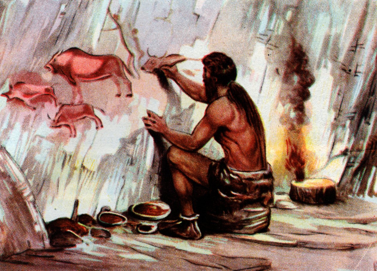 En Homo Sapiens-målning i en grotta, från "Vita Meravigliosa" (tryck) av Artist Unknown
