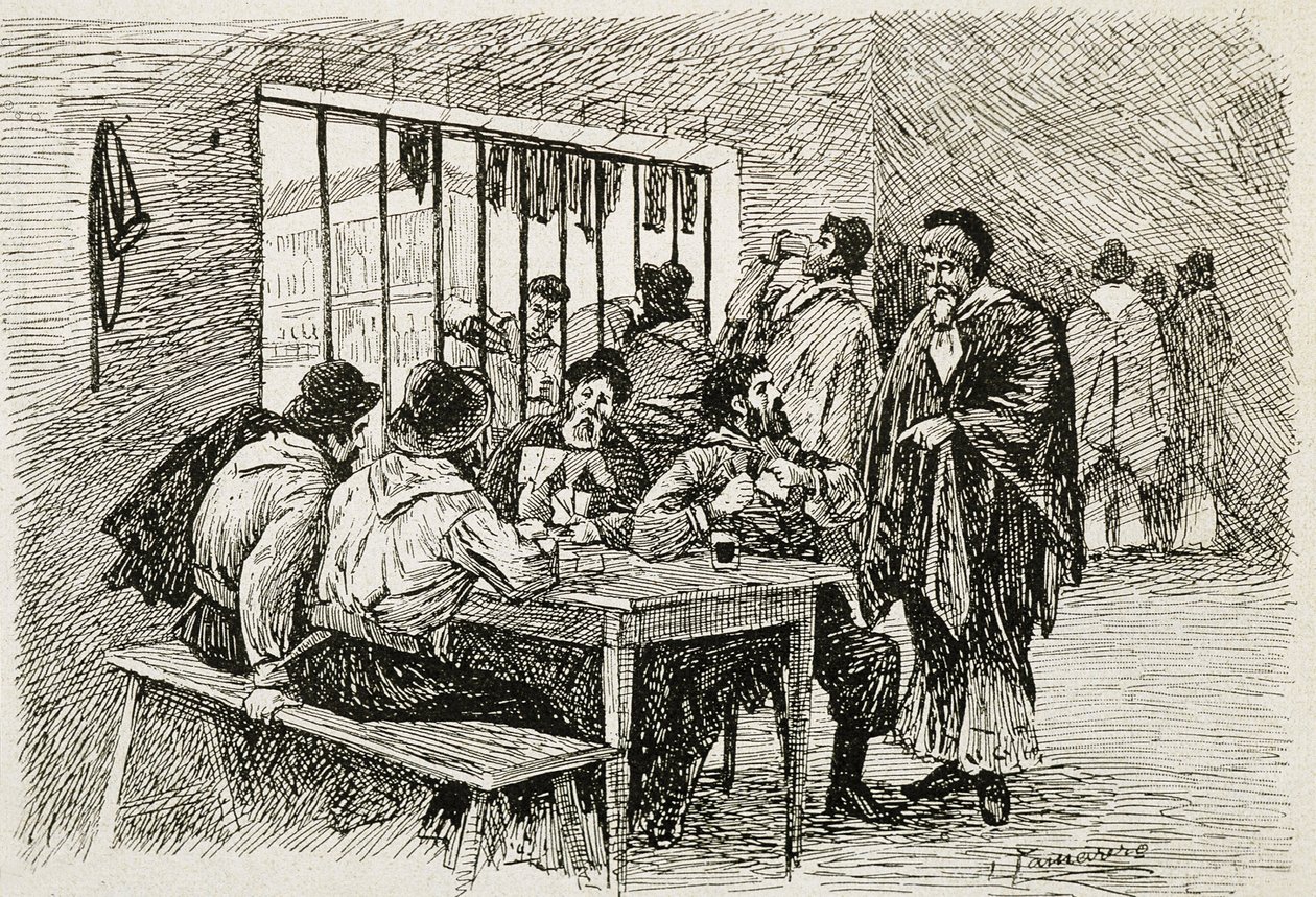 Argentina (1900-talet). "Pulperia", en krog och spritbutik. Illustration av T.Tamarera. Gravyr av Artist Unknown