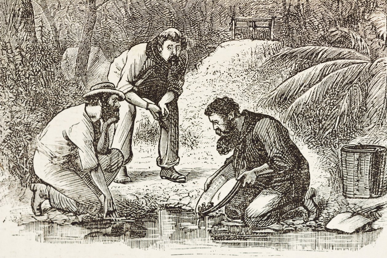 Australien (1880). Guldgrävarnas liv i Botany Bay (grundat 1788). Gravyr. Privat samling av Artist Unknown