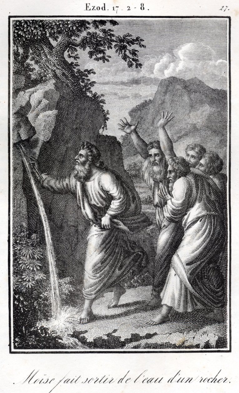 Bibeln - Moses slår på klippan och vatten kommer ur den Exodus (gravyr) av Artist Unknown