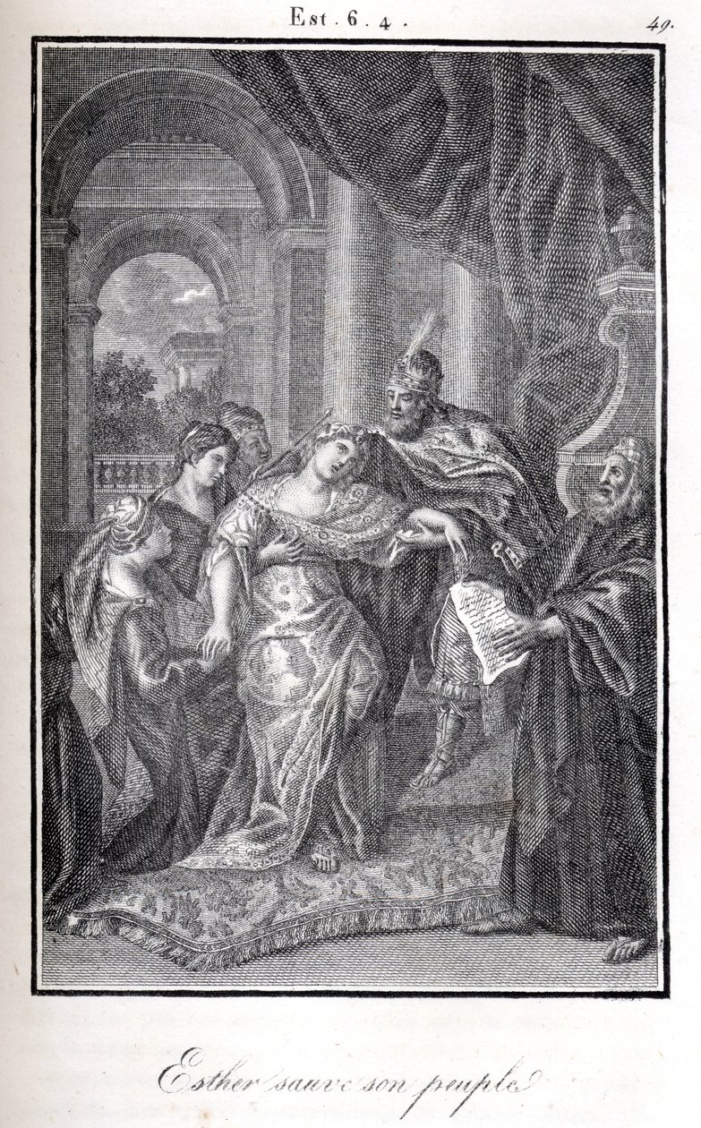 Bibeln, Ester räddar sitt folk genom att berätta för Ahaseuerus att Haman planerar att döda henne (gravyr) av Artist Unknown