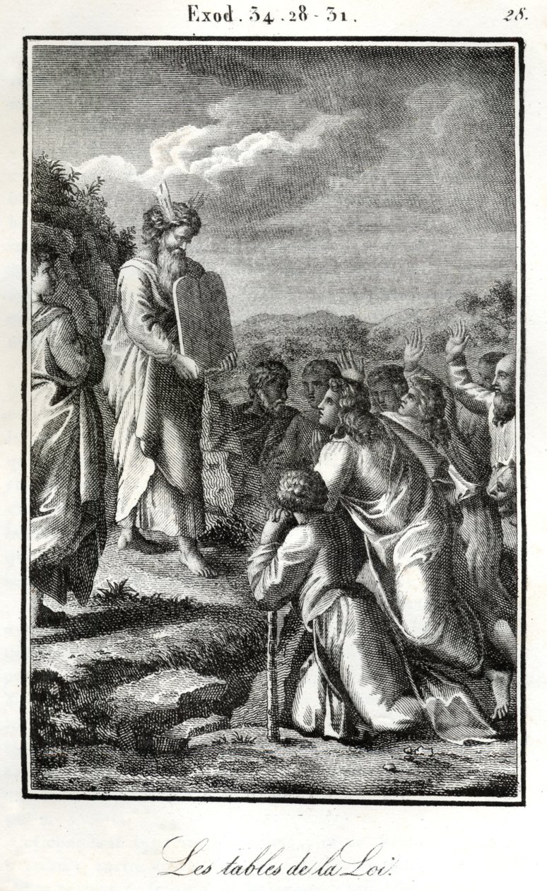 Bibeln, Moses visar de två tavlorna med de tio budorden (gravyr) av Artist Unknown