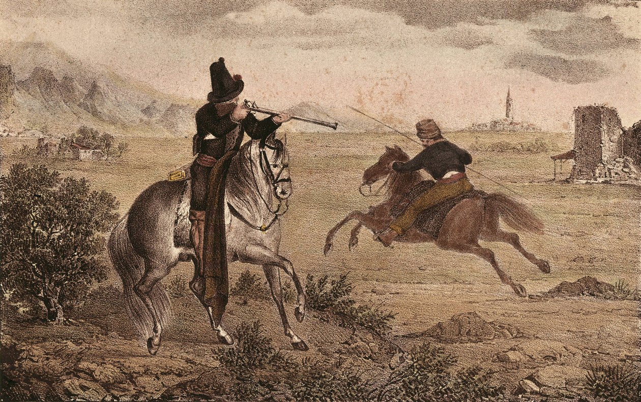 CABRERA Y GRINO, Ramon (1806-1877). Spansk carlistmilitär. Spanien. Carlistkrigen. Cidens kavalleri. Bild från "Album de tropas carlistas de Aragon". Litografi. Privat samling av Artist Unknown