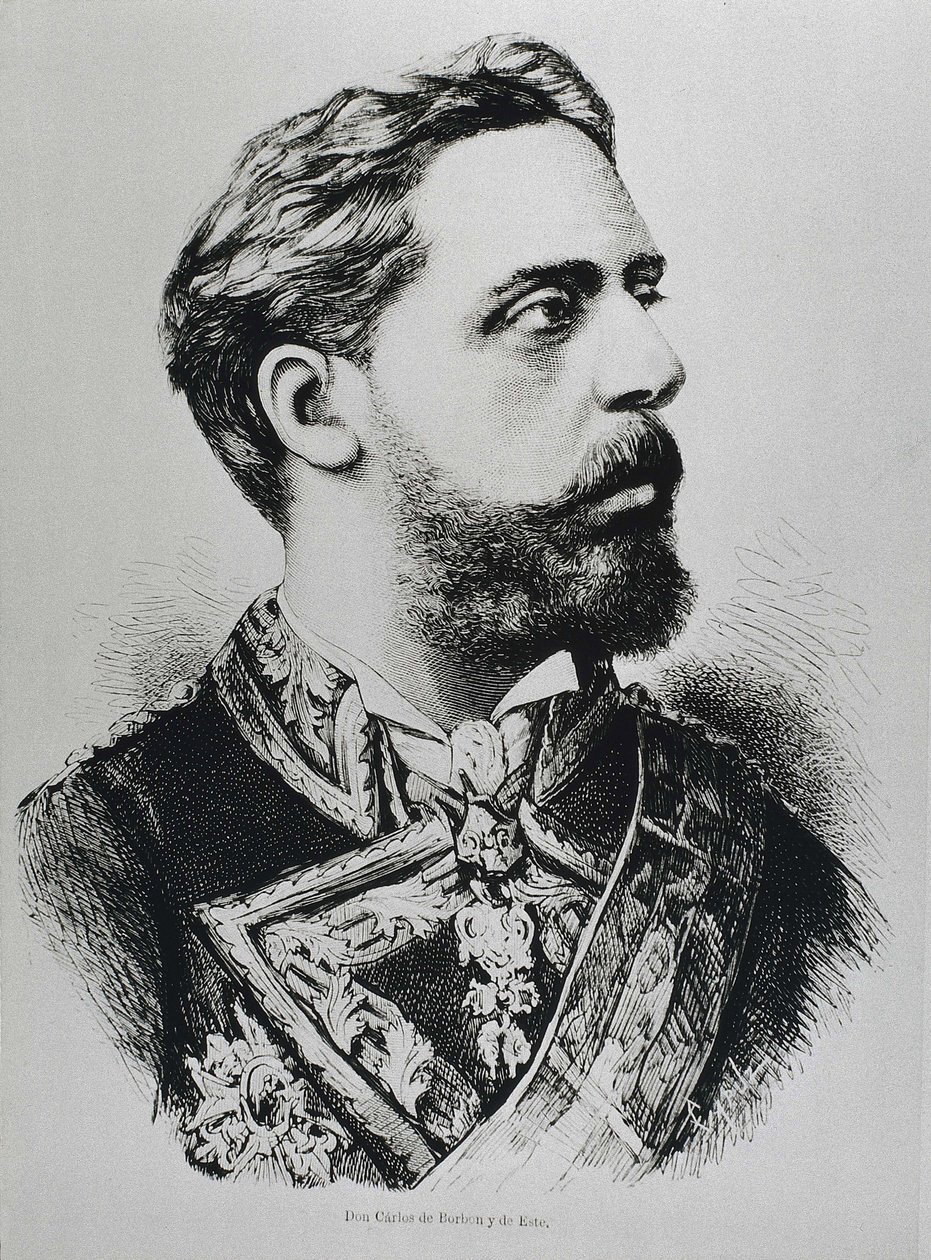CARLOS VII, Carlos Maria de los Dolores de Borbon y Austria-Este (1848-1909). Karlistisk tronpretendent till Spaniens tron som Carlos VII. Spanien. Carlism. Karl VII, karlistpartiets tronpretendent. Publicerad i "La ilustracion Espanola y Americana". Gravy av Artist Unknown