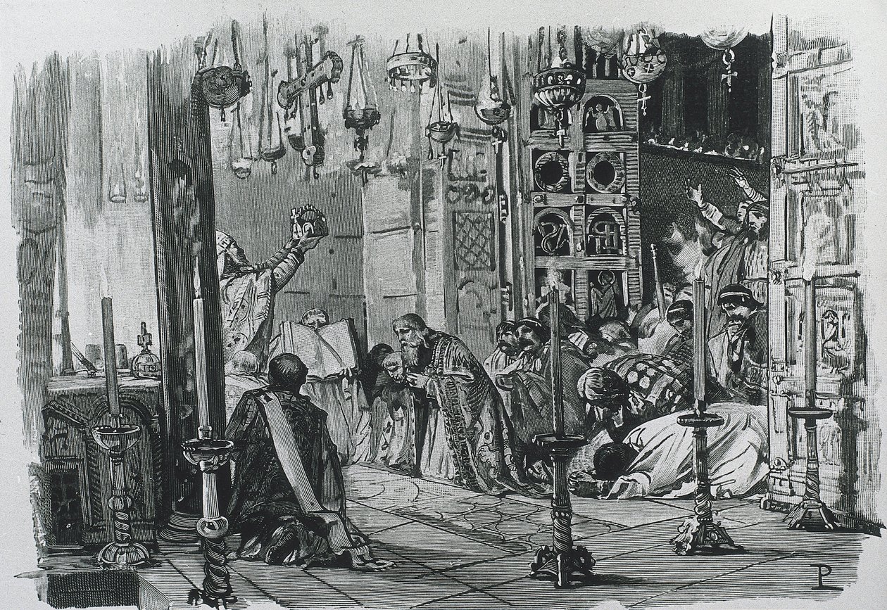 CHARLEMAGNE eller CHARLES I (742-814). Kung av frankerna och langobarderna (768-814) och tysk-romersk kejsare (800-814). Kröning av Karl den store till tysk-romersk kejsare (800). Gravyr. av Artist Unknown