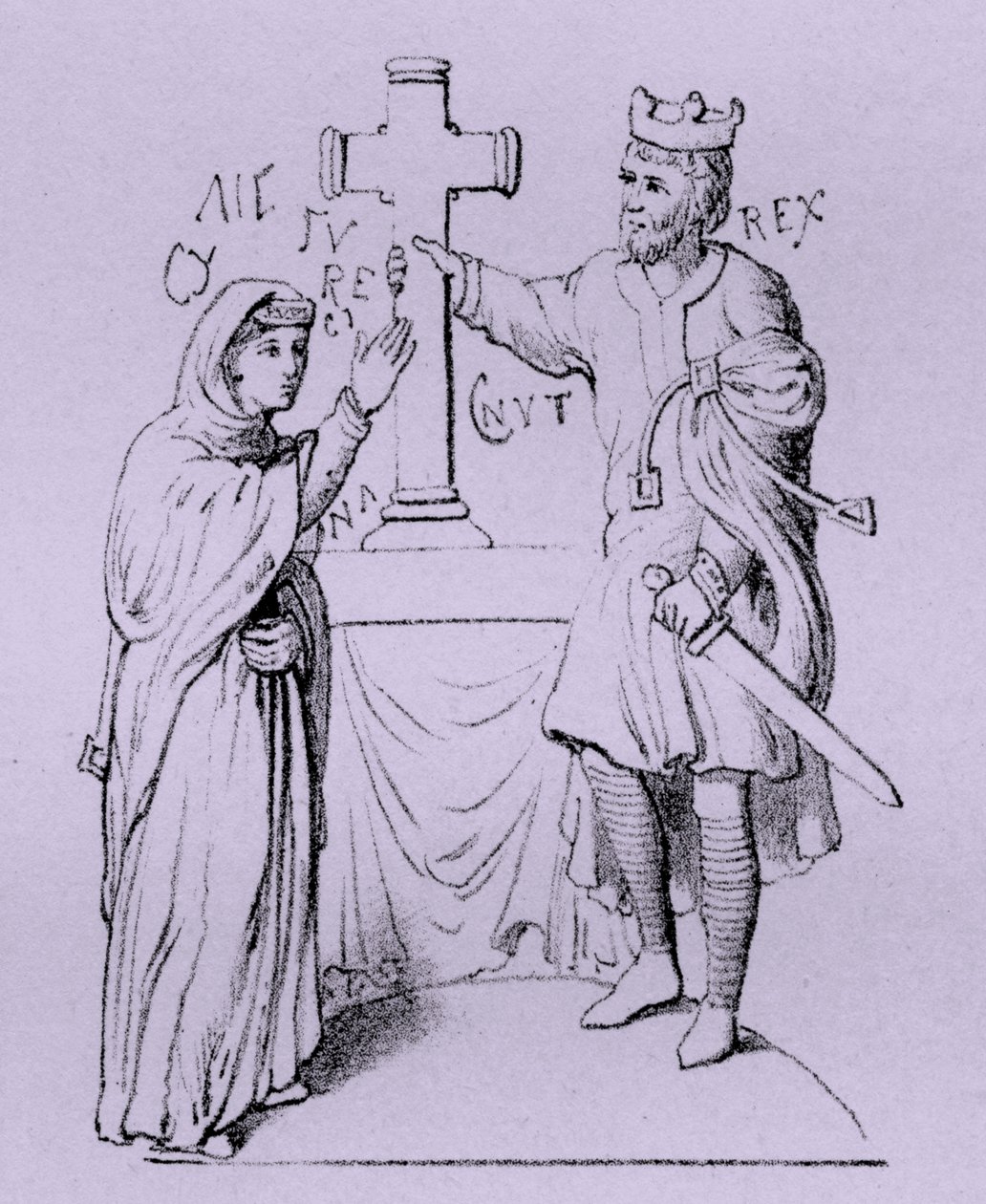 Knut den store och hans drottning Emma av Normandie (gravyr) av Artist Unknown
