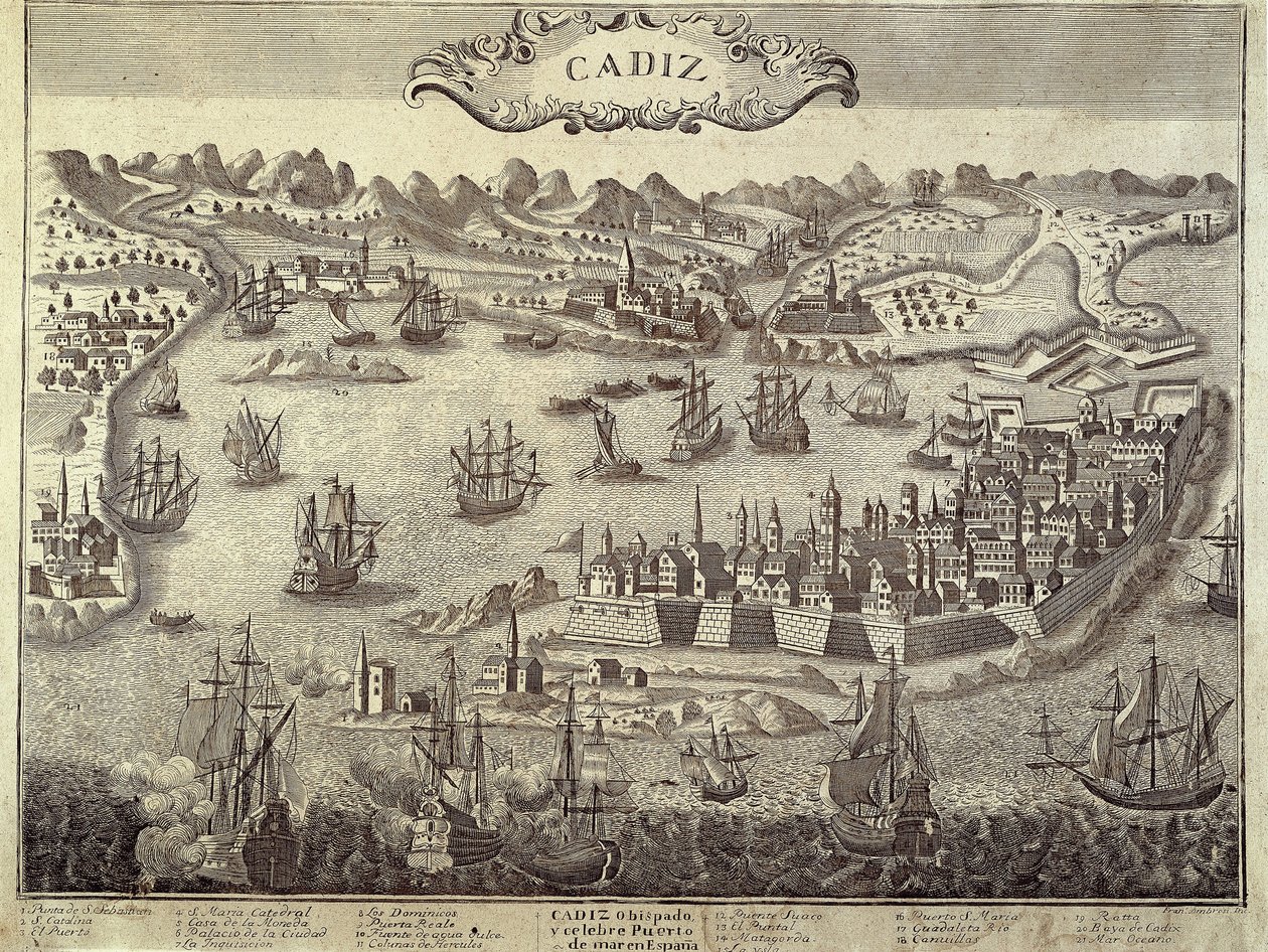 Stad och hamn i Cadiz. Gravyr. SPANIEN. ANDALUSIEN. Cádiz. Museo de Cadiz av Artist Unknown