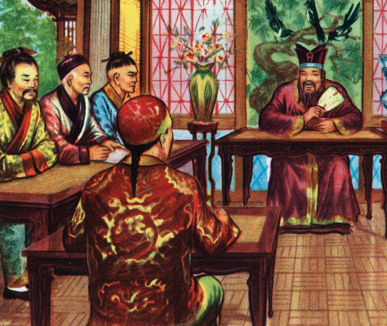 Konfucius, eller Kong Fu Zi, med sina elever (tryck) av Artist Unknown