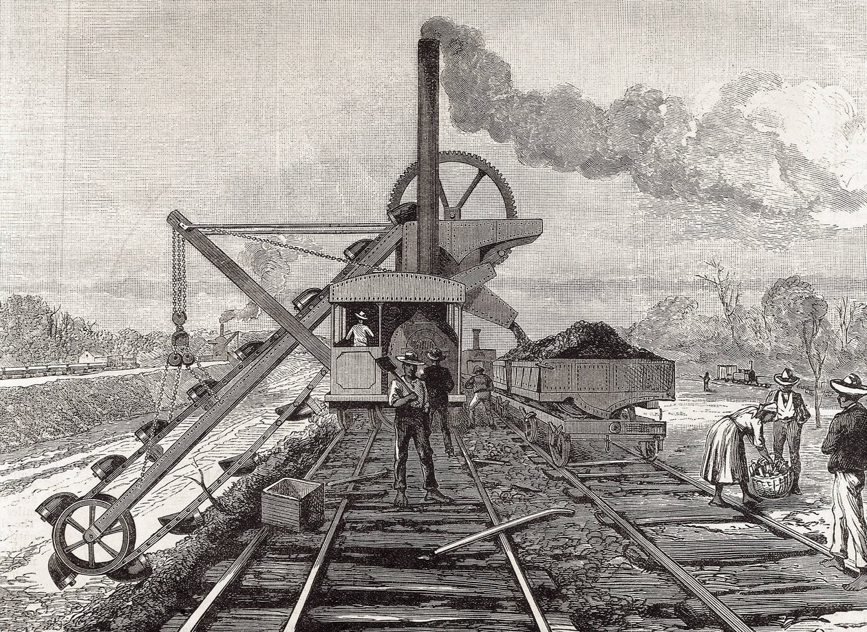 Byggandet av Panamakanalen. Muddringsarbeten i byn Culebra. Originalritning av Meltor Prior. Bilden publicerad i "The Illustrated London News". Gravyr. av Artist Unknown