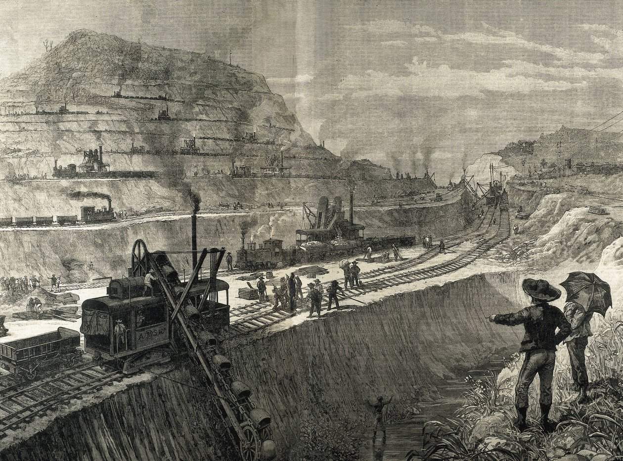 Byggandet av Panamakanalen. Muddringsarbeten i byn Culebra. Originalritning av Meltor Prior. Bilden publicerad i "The Illustrated London News". Gravyr. av Artist Unknown
