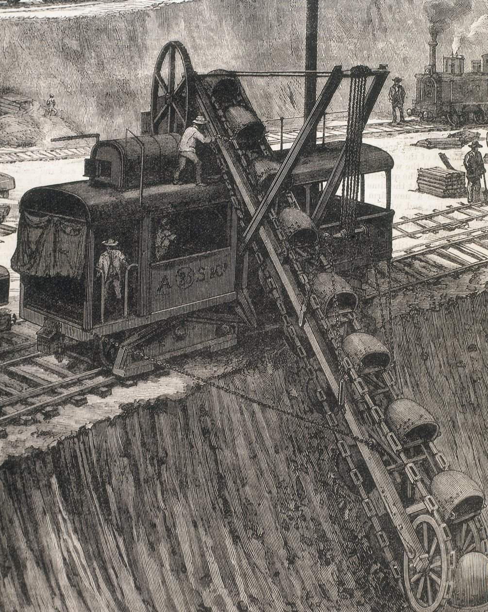 Byggandet av Panamakanalen. Muddringsarbeten i byn Culebra. Originalritning av Meltor Prior. Bilden publicerad i "The Illustrated London News". Gravyr. av Artist Unknown