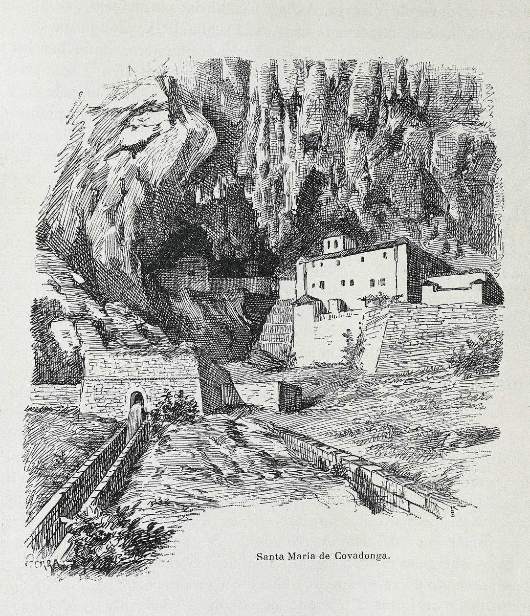 Covadonga. Eremitaget i Santa Maria. Gravyr. SPANIEN. ARAGON. Zaragoza. Allmänna militärakademin av Artist Unknown