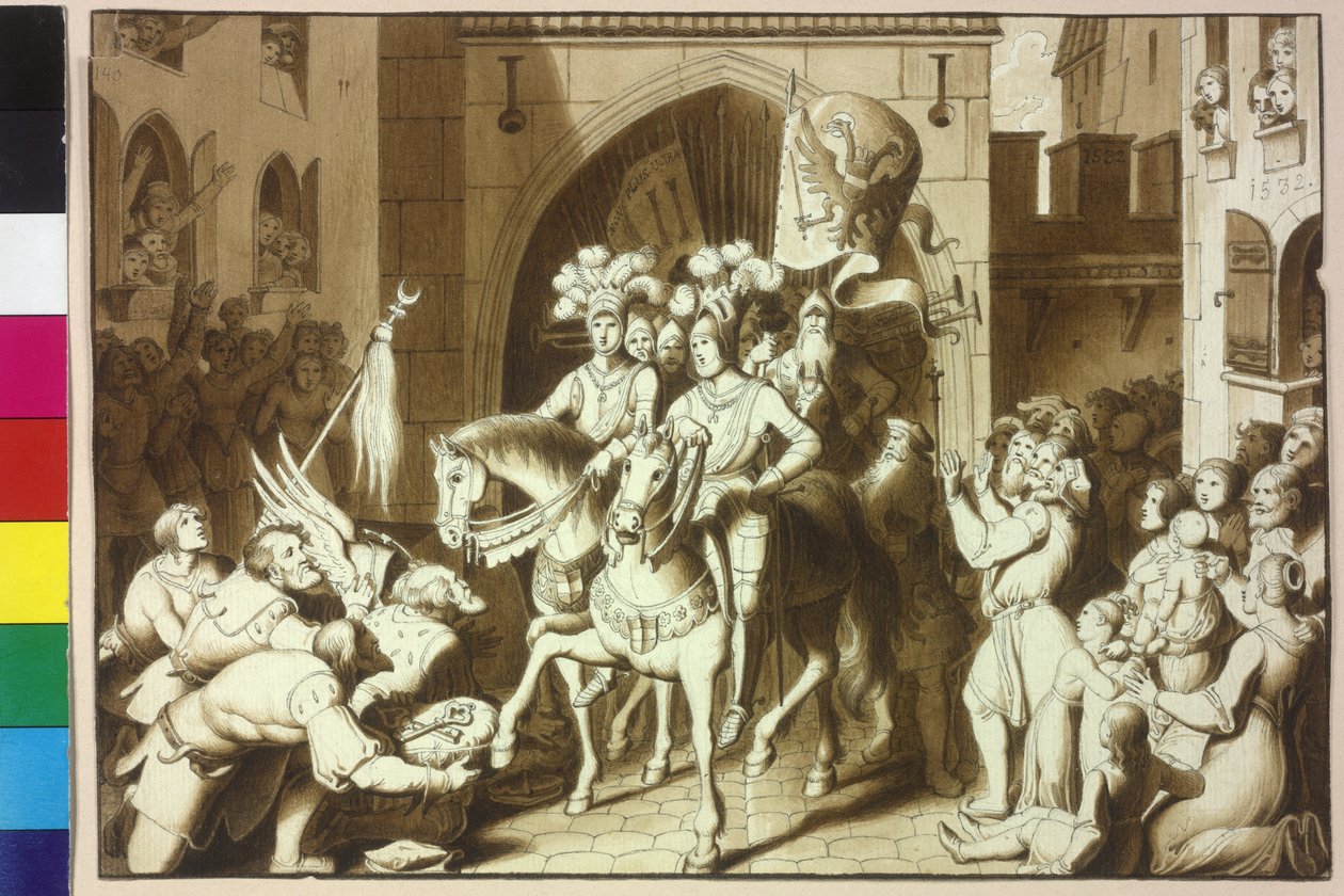 Kejsar Karl V. och hans bröder Ferdinand I blir vid sin ockupation i Wien av hjälmen av den fatala pasha Michael Oglu närvarande av Artist Unknown