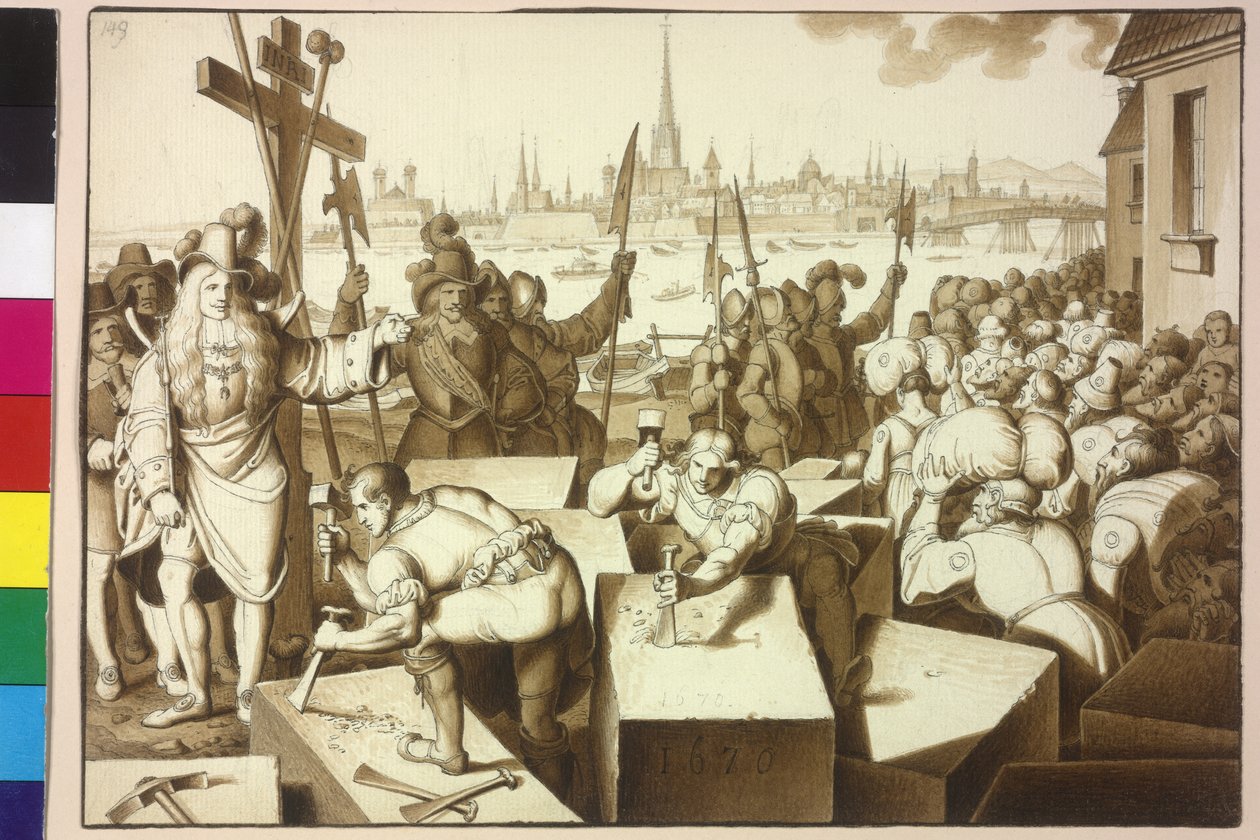 Kejsar Leopold I bannlyser juden och låter bygga gudshus i Leopoldstadt av Artist Unknown
