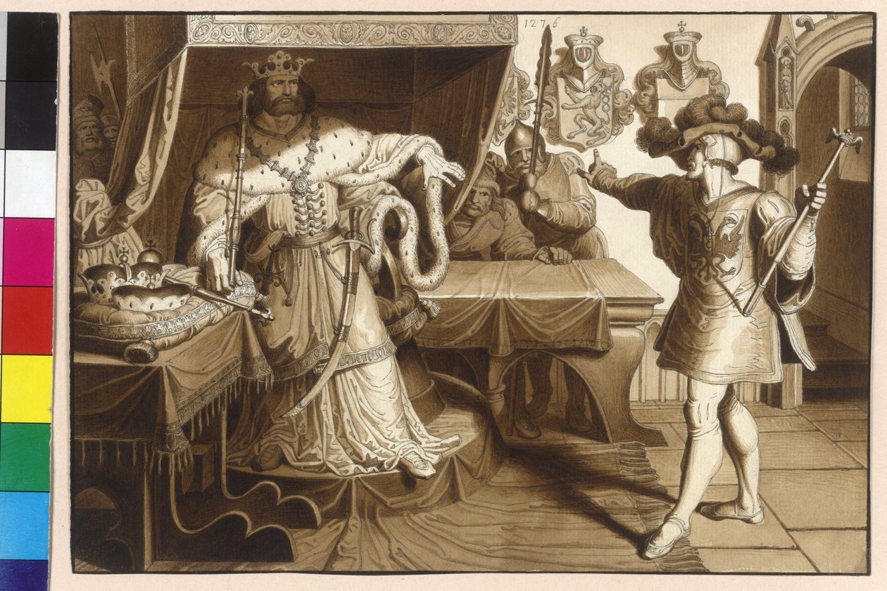 Kejsar Rudolf av Habsburg postulerar kung Ottokar II genom sin härold till återlämnandet av det kejserliga förläningslandet Österrike och Steiermark den av Artist Unknown