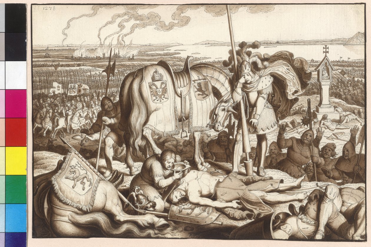 Kejsar Rudolf gråter på slagfältet den döende kung Ottokar av Artist Unknown