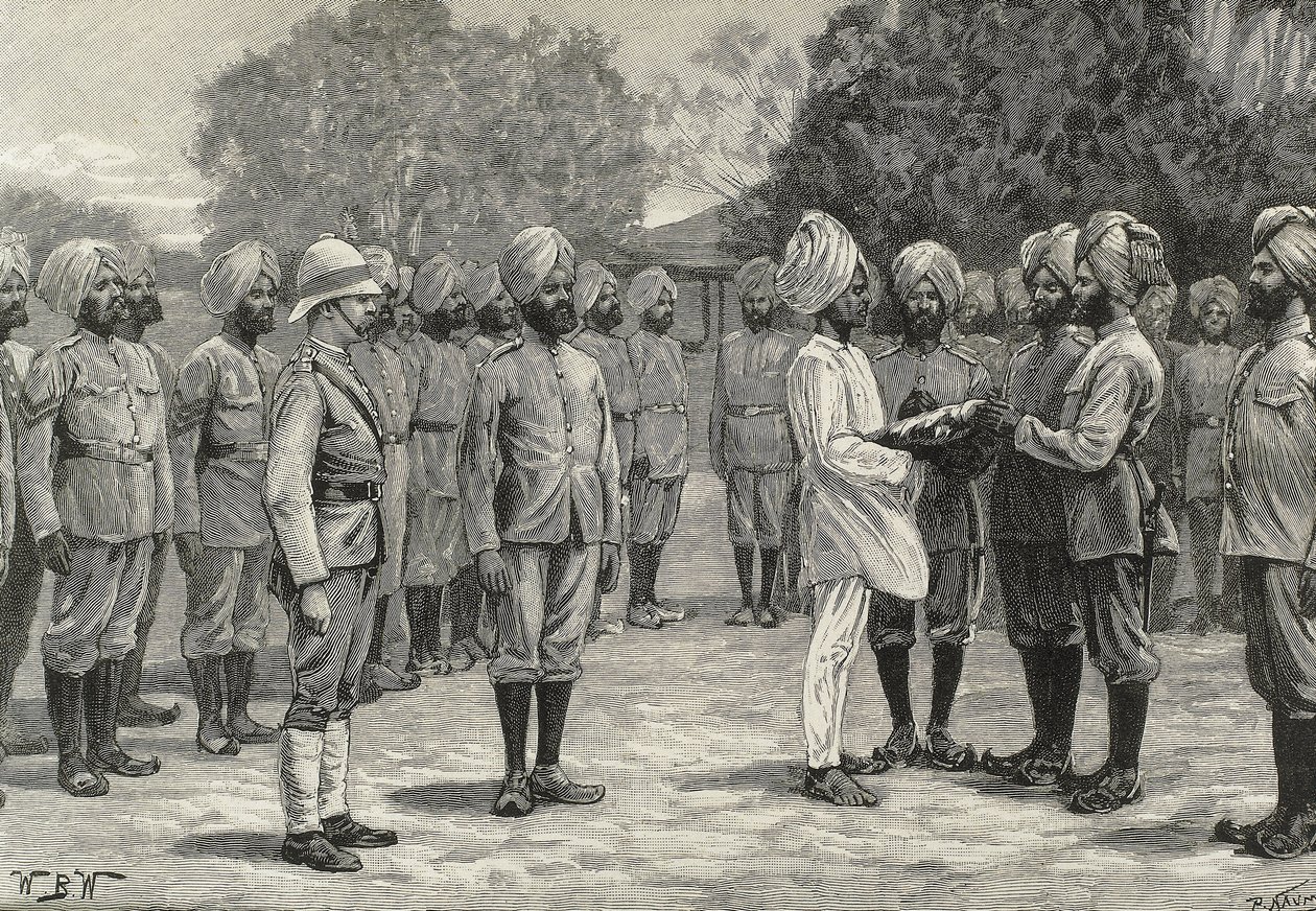 England (1800-talet). Kolonisering. Indien. De nya regementena i Burmah. Avläggande av ed för nya rekryter. Gravyr. Privat samling av Artist Unknown