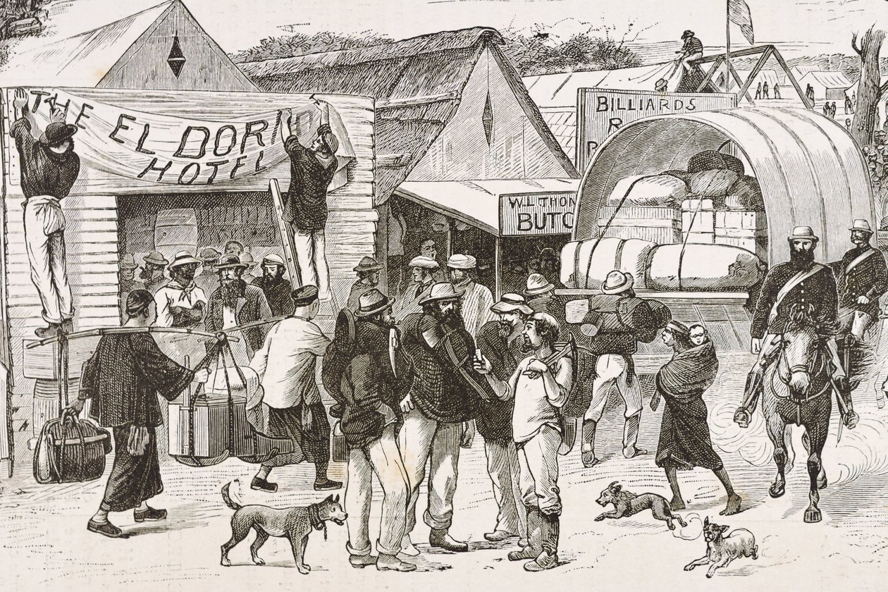 England (C19th). Koloniseringen (1880). Guldgrävarnas liv i Australien. Den engelska kolonin Botany Bay (grundad 1788) befolkades till en början mest av kriminella guldgrävare och handelsmän. Gravyr. Privat samling av Artist Unknown
