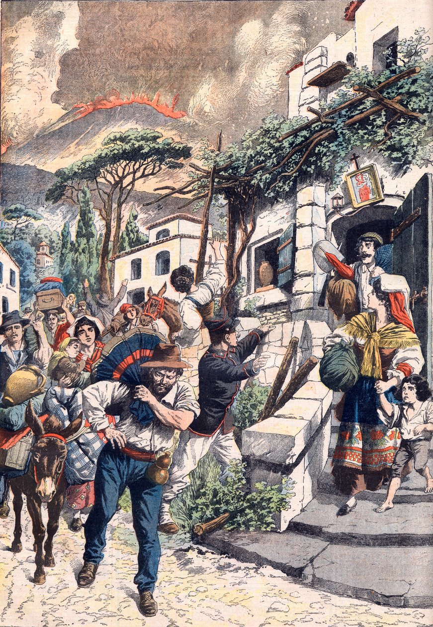 Vesuvius utbrott, människor flyr från vulkanen,1906 (tryck) av Artist Unknown