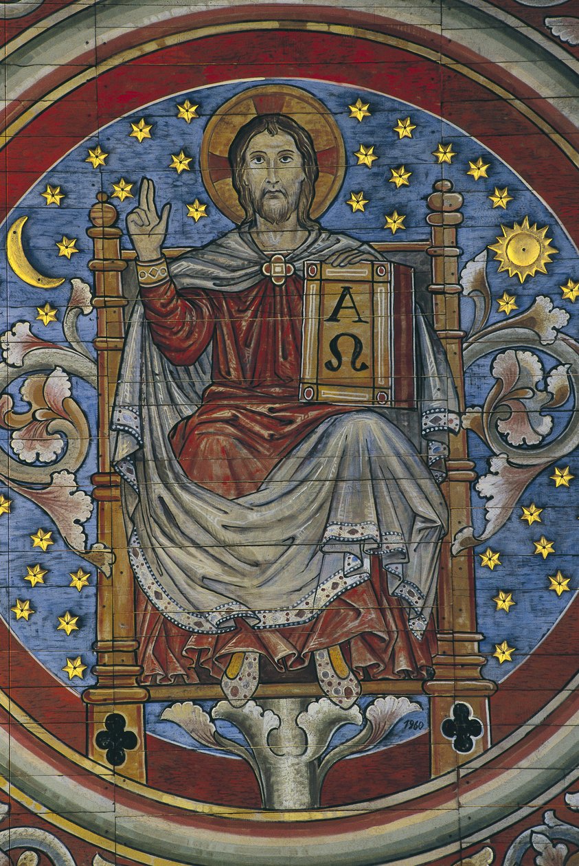 TYSKLAND. LOWER SAXONY. Hildesheim. Sankt Michaels kyrka. Kristus på tronen, detalj från trätak (1200-talet). Romansk konst av Artist Unknown