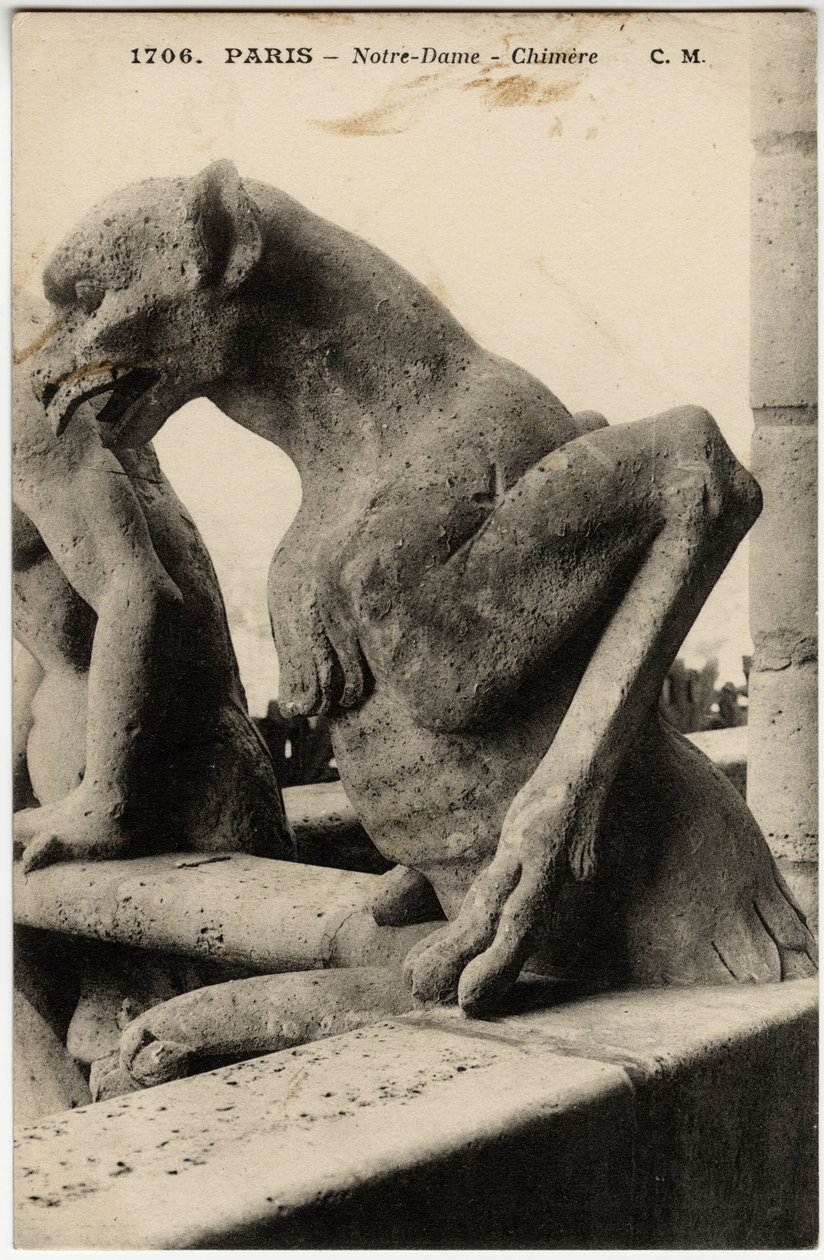 Gargoyle eller chimere på katedralen Notre Dame de Paris byggd mellan 1163 och 1300-talet - Vykort, Selva-samlingen av Artist Unknown