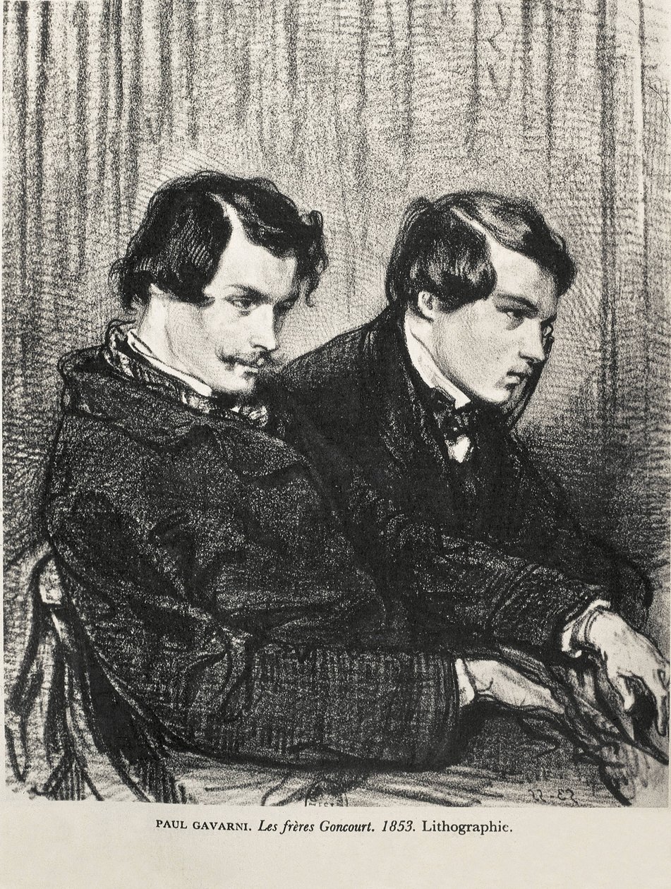 Gavarni, Hippolyte-Guillaume-Sulpice Chevalier, kallad Paul (1804-1866). Edmond och Jules de Goncourt i en loge på teatern. 1853. GONCOURT, Edmon Huot of (1822-1896). Engelsk författare; GONCOURT, Jules Huot de (1830-1870). Engelsk författare. Litografi. P av Artist Unknown