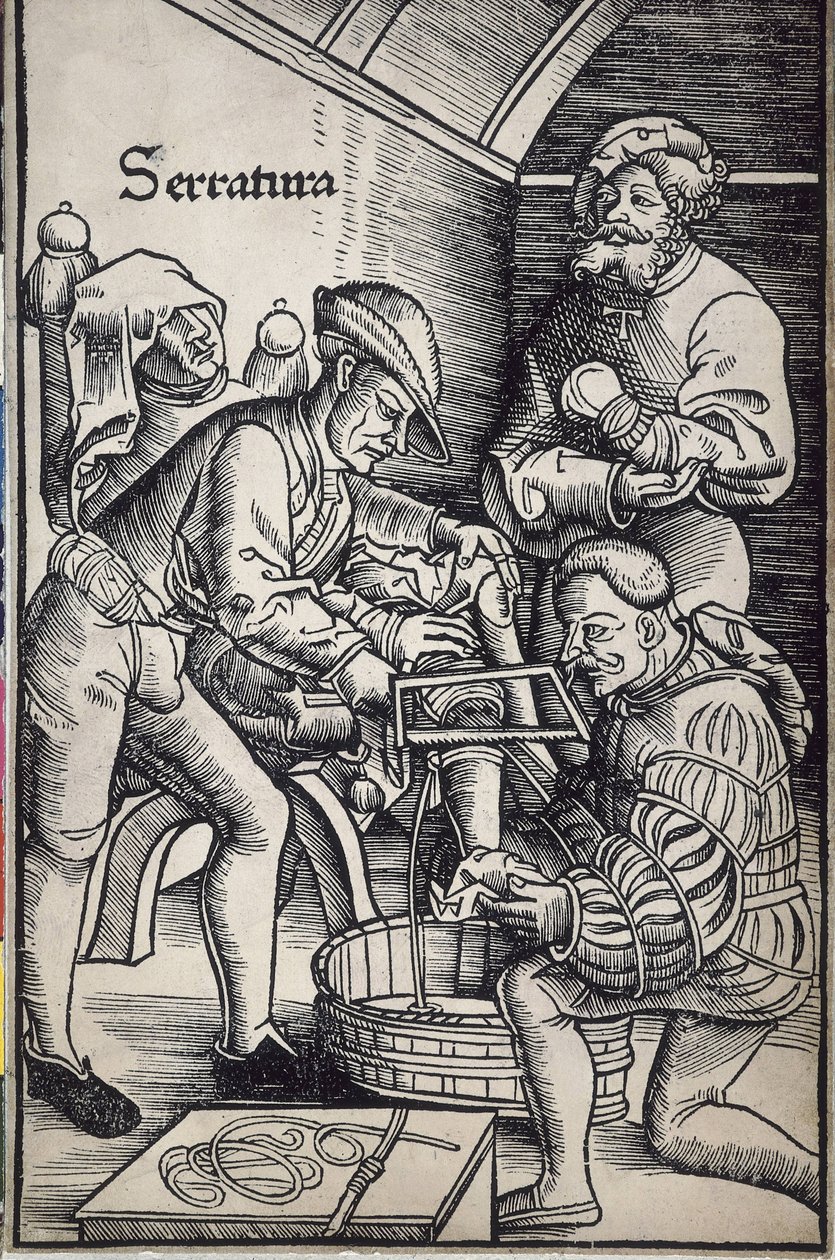 Gersdorff, Hans von (1455 - 1529). Tysk kirurg. Amputation av ett ben. Träsnitt av Hans Wechtlin för boken "Feldtbuch der Wundartzney" (Fältbok i kirurgi) av Artist Unknown