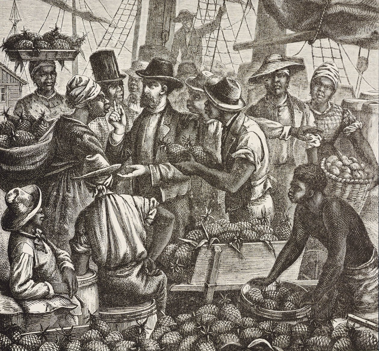 Englands historia (C19th). Kolonisering (1880). Bahama säljer ananas. Engelsk koloni på New Providence Island. Ananas var en av de viktigaste exportprodukterna från hamnen i Nassau. Gravyr. Privat samling av Artist Unknown