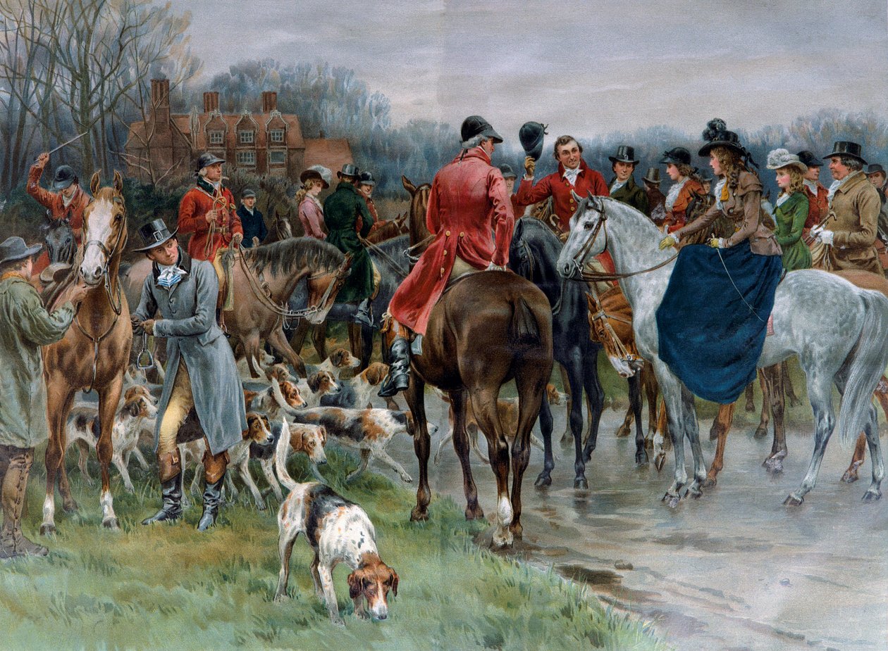 Jakt i England. Man i jaktdräkt och kvinnor på amazonhästar samlas innan de ska ut på jakt (gravyr) av Artist Unknown
