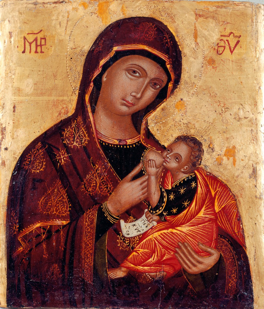 Ikon: "Jungfrun med barnet" Anonym trämålning. Kyrkan Santa Maria delle Grazie al Trionfale, Rom av Artist Unknown