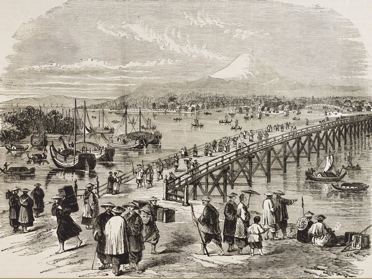 JAPAN (C19th).Staden Edo, korsad av floden Toniak. Gravyr. Privat samling av Artist Unknown