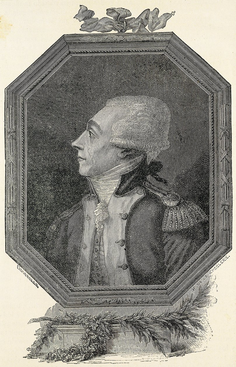 Lafayette, Marie Joseph Gilbert Motie Motier, markis av (1757-1834). Fransk aristokrat och militär med liberal ideologi. Etsning av Artist Unknown