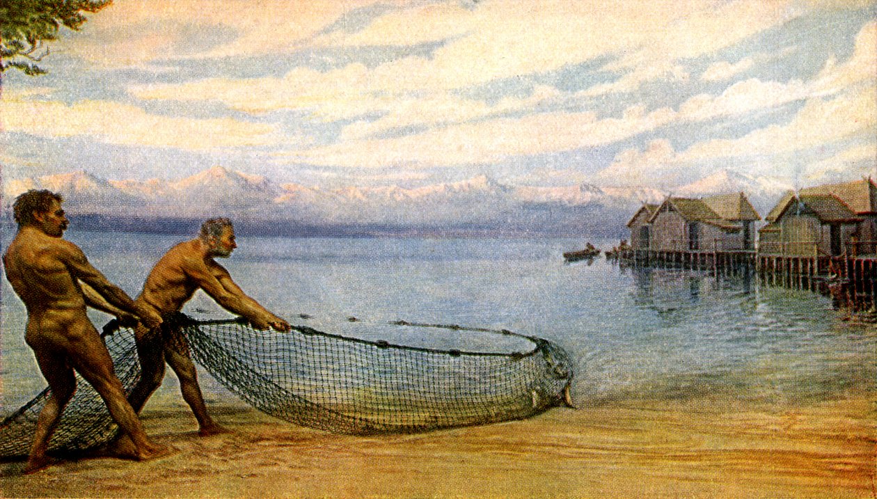 Lake Dwellers Fishing, Förhistorisk människa (tryck) av Artist Unknown