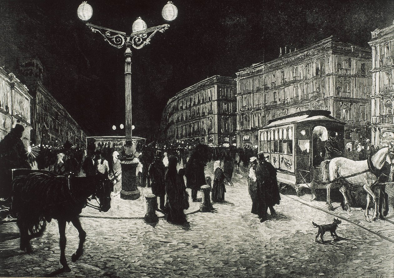 Madrid (1878). Puerta del Sol upplyst med elektriskt ljus. Bild efter en teckning av Pellicer för "La Ilsutracion Espanola y Americana". Etsning. av Artist Unknown