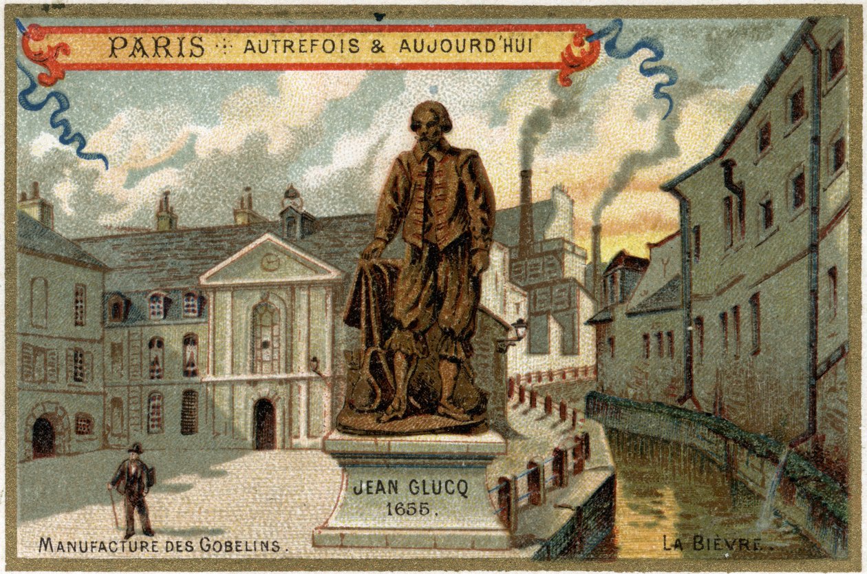 Tillverkning av gobelängväv des Gobelins i Paris. Staty av Jean Glucq, som importerade färgningsprocessen till Frankrike. av Artist Unknown