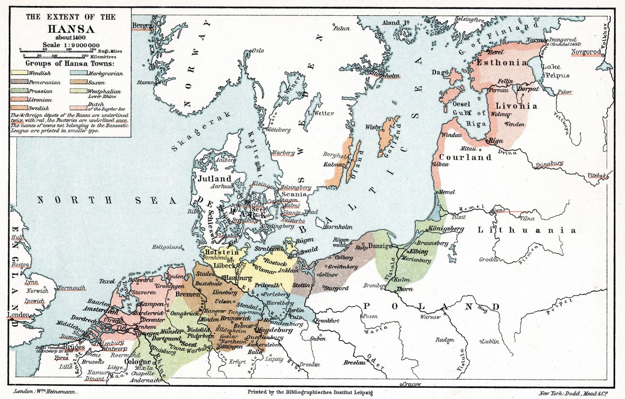 Karta över Hansans utbredning omkring år 1400 (tryck) av Artist Unknown