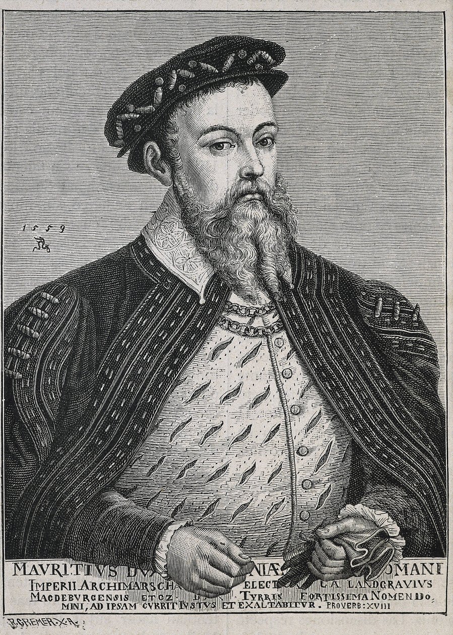 Maurice av Sachsen (1521-1553). Hertig (1541-47) och senare kurfurste (1547-53) av Sachsen. Protestant från 1539. Porträtt efter en målning av Lucas Cranach. Gravyr av Artist Unknown
