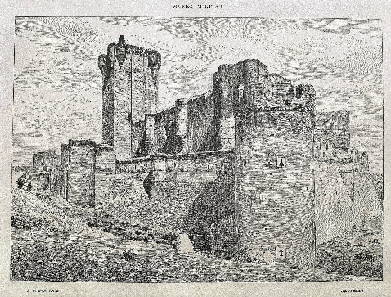 Medina del Campo. Mota-slottet. Gravyr. SPANIEN. ARAGON. Zaragoza. Allmänna militärakademin av Artist Unknown