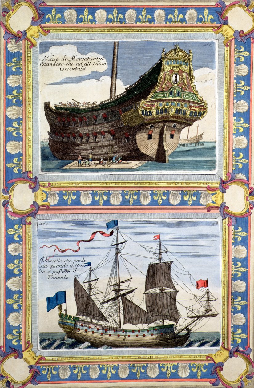 Handelsfartyg tillhörande Nederländska ostindiska kompaniet (kolorerad gravyr) av Artist Unknown