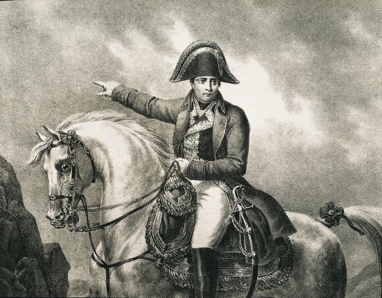 NAPOLEON I Bonaparte (1769-1821). Fransk militär och politiker, kejsare av Frankrike (1804-1815). Detalj av ett ryttarporträtt av Napoleon, inspirerat av originalporträttet av Joseph Chabord. Gravyr av Artist Unknown