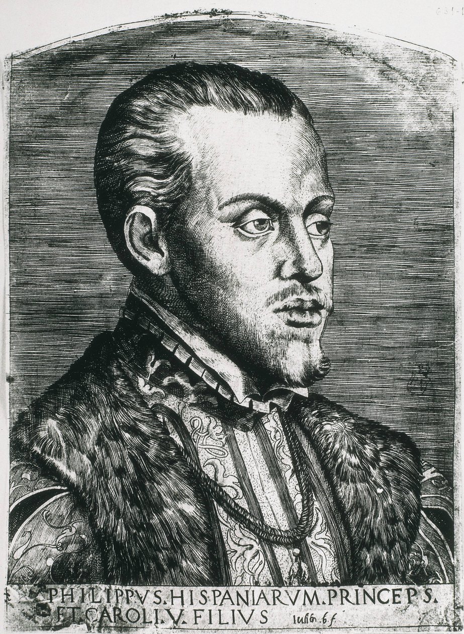 PHILIP II av Spanien (1527-1598). Kung av Spanien (1556-1598) och Portugal (1580-1598). Porträtt av Filip fortfarande som prins. Xylografi. av Artist Unknown